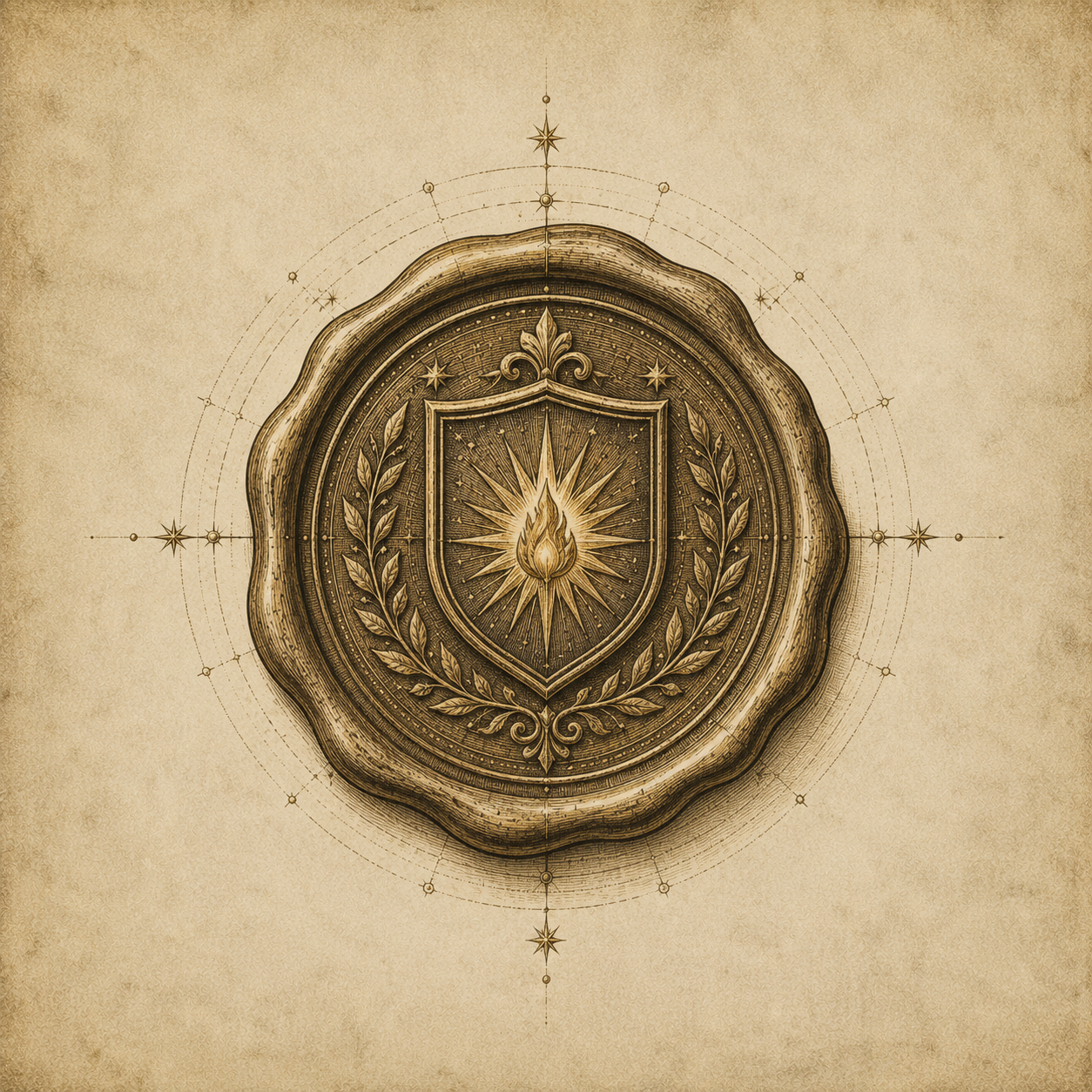 Thin gold line-art wax seal icon on dark glass panel