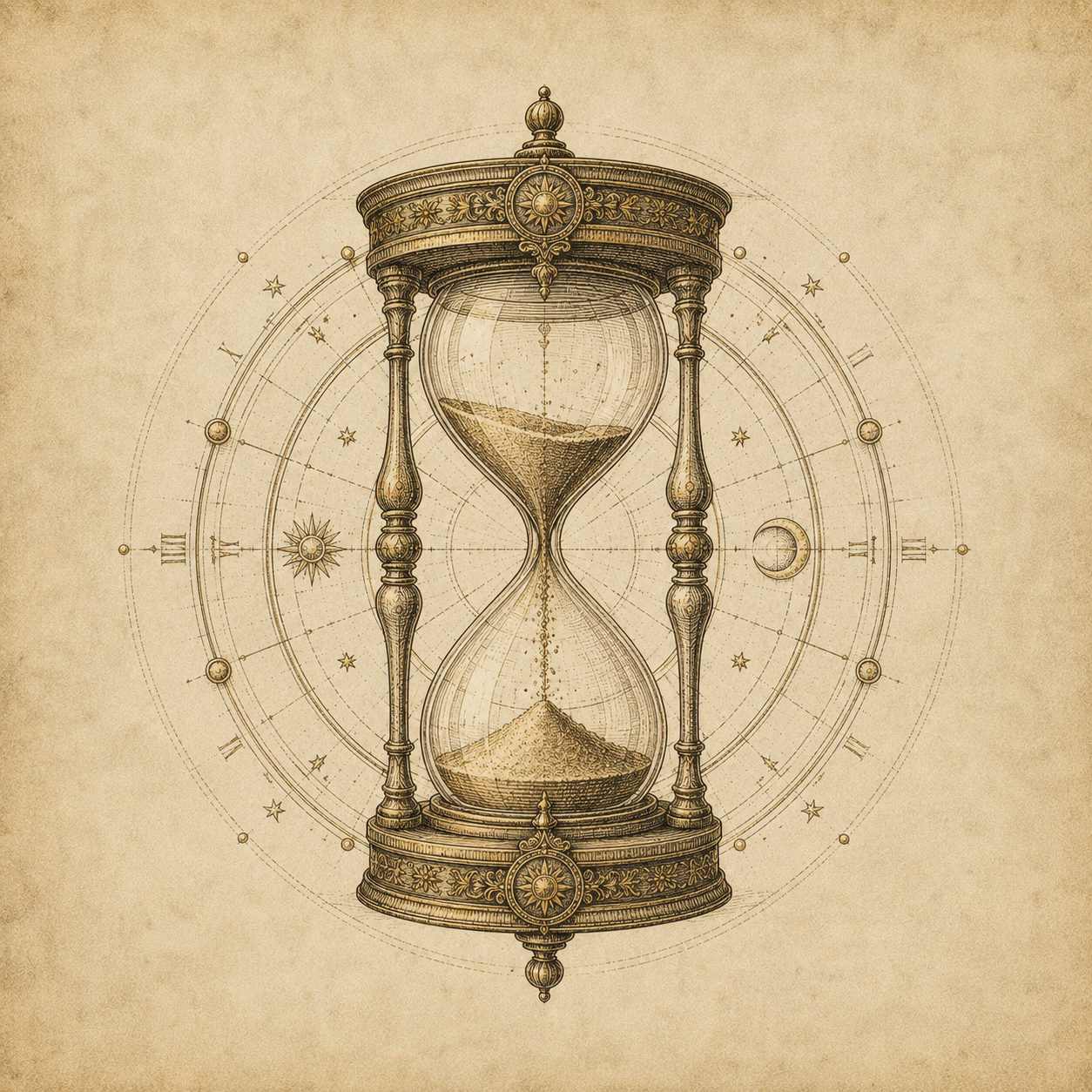 Thin gold line-art hourglass icon on dark glass panel