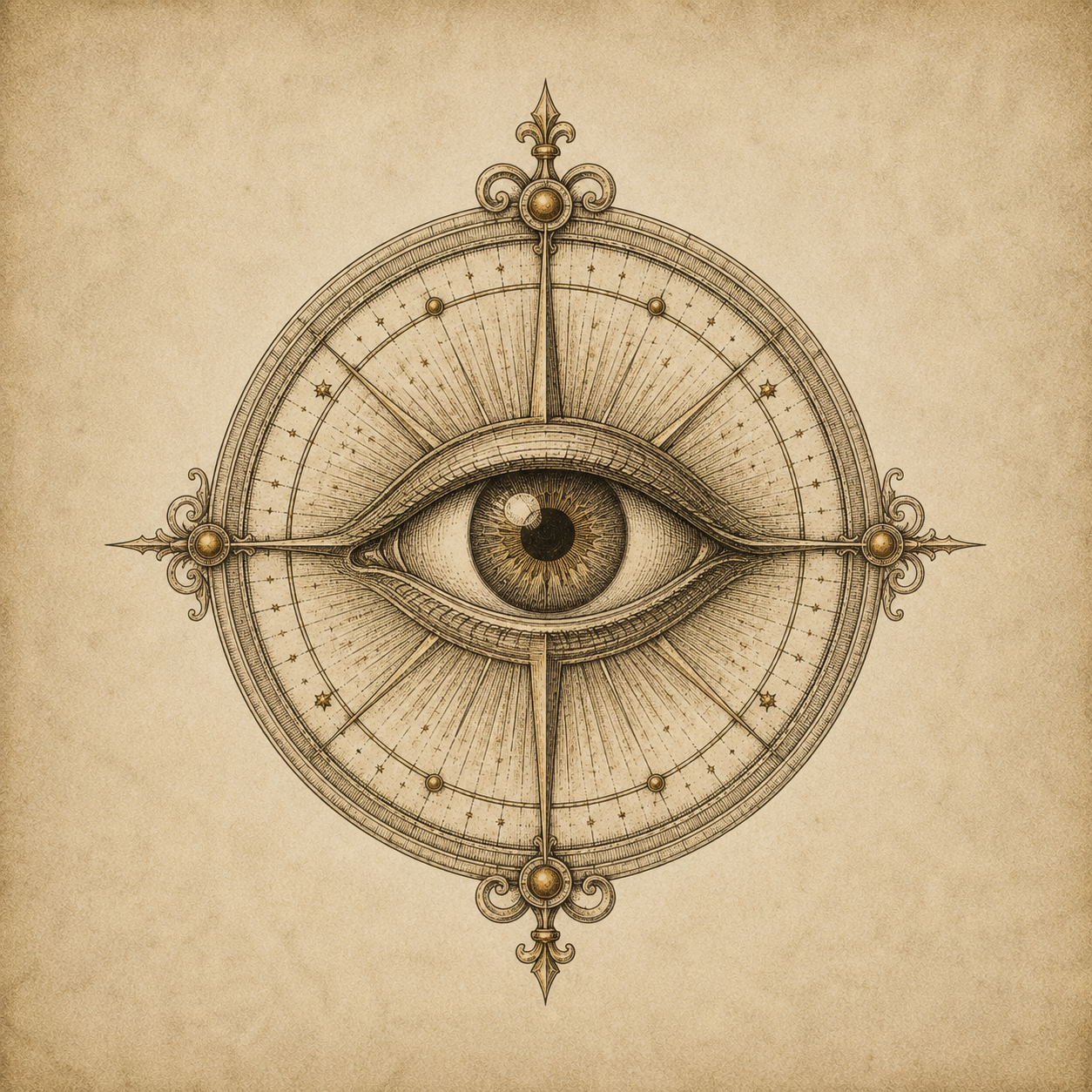 Thin gold line-art watchful eye icon on dark glass panel