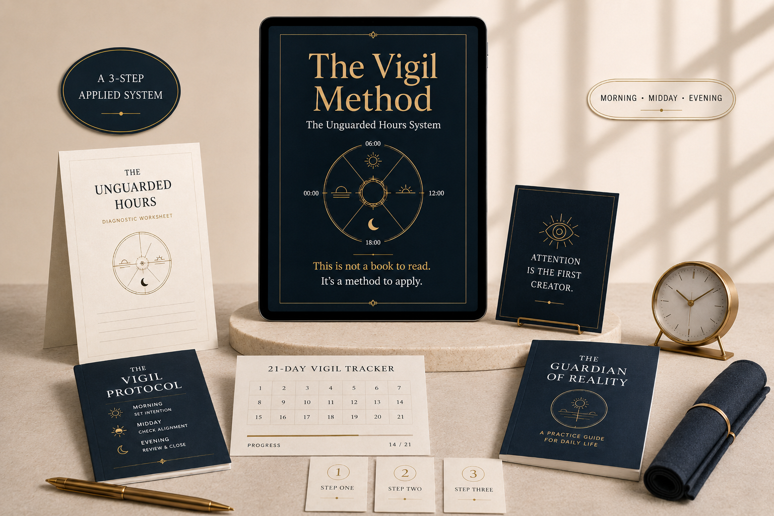 The Vigil Method digital system displayed across phone and tablet, wax seal emblem with eye and hourglass