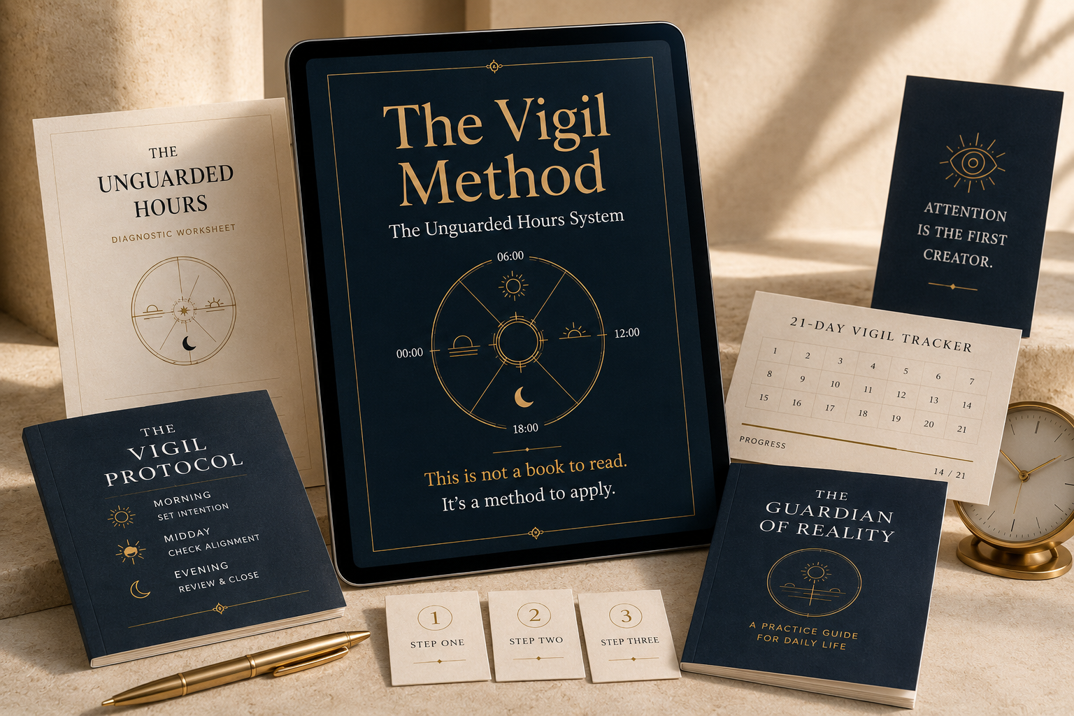 The three steps of The Vigil Method displayed as a sequence of archive folios